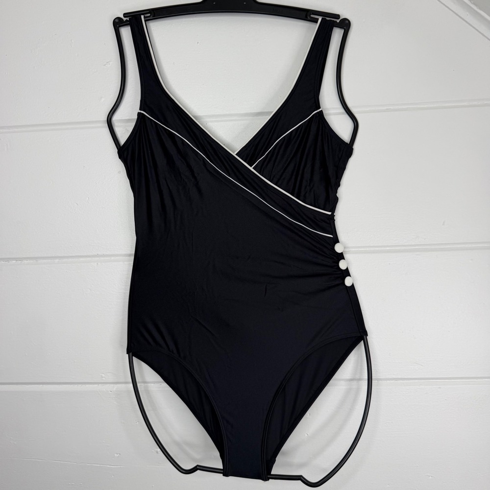 Black One Piece Swimsuit Vintage Y2K Retro Size 12 White Contrast Button LASCANA